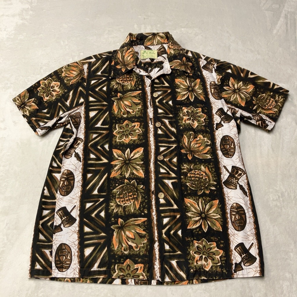 True Vintage 60s 70s Ui-Maikai Hawaiian Aloha Shirt Floral Tiki Mask Mens S / M
